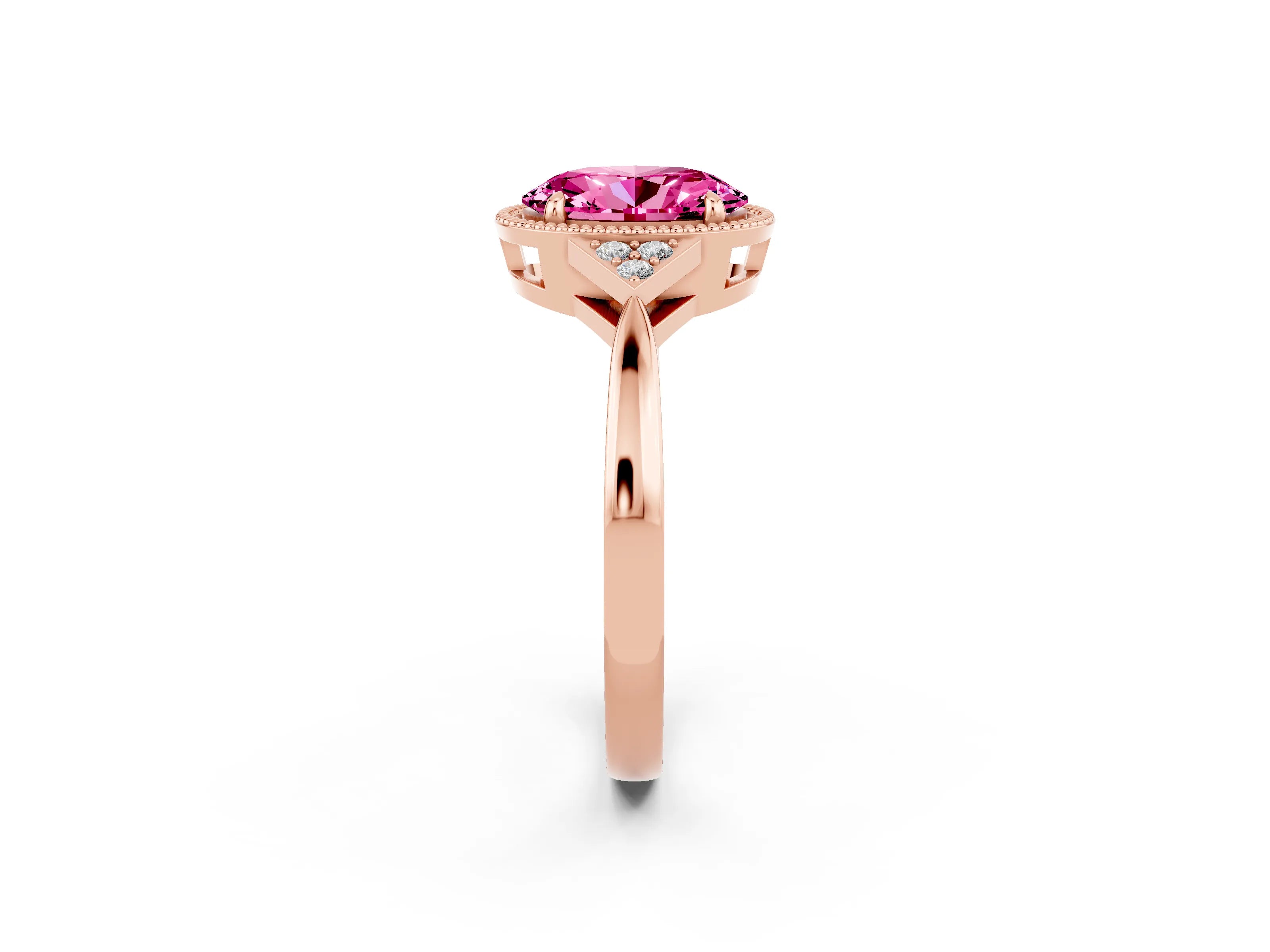 Rose gold Oval Cut Pink Sapphire Halo Ring with Tapered Band and Four-Prong Setting_2