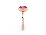 Rose gold Oval Cut Pink Sapphire Halo Ring with Tapered Band and Four-Prong Setting_2