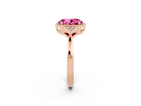 Rose gold Oval Cut Pink Sapphire Halo Ring with Tapered Band and Four-Prong Setting_2