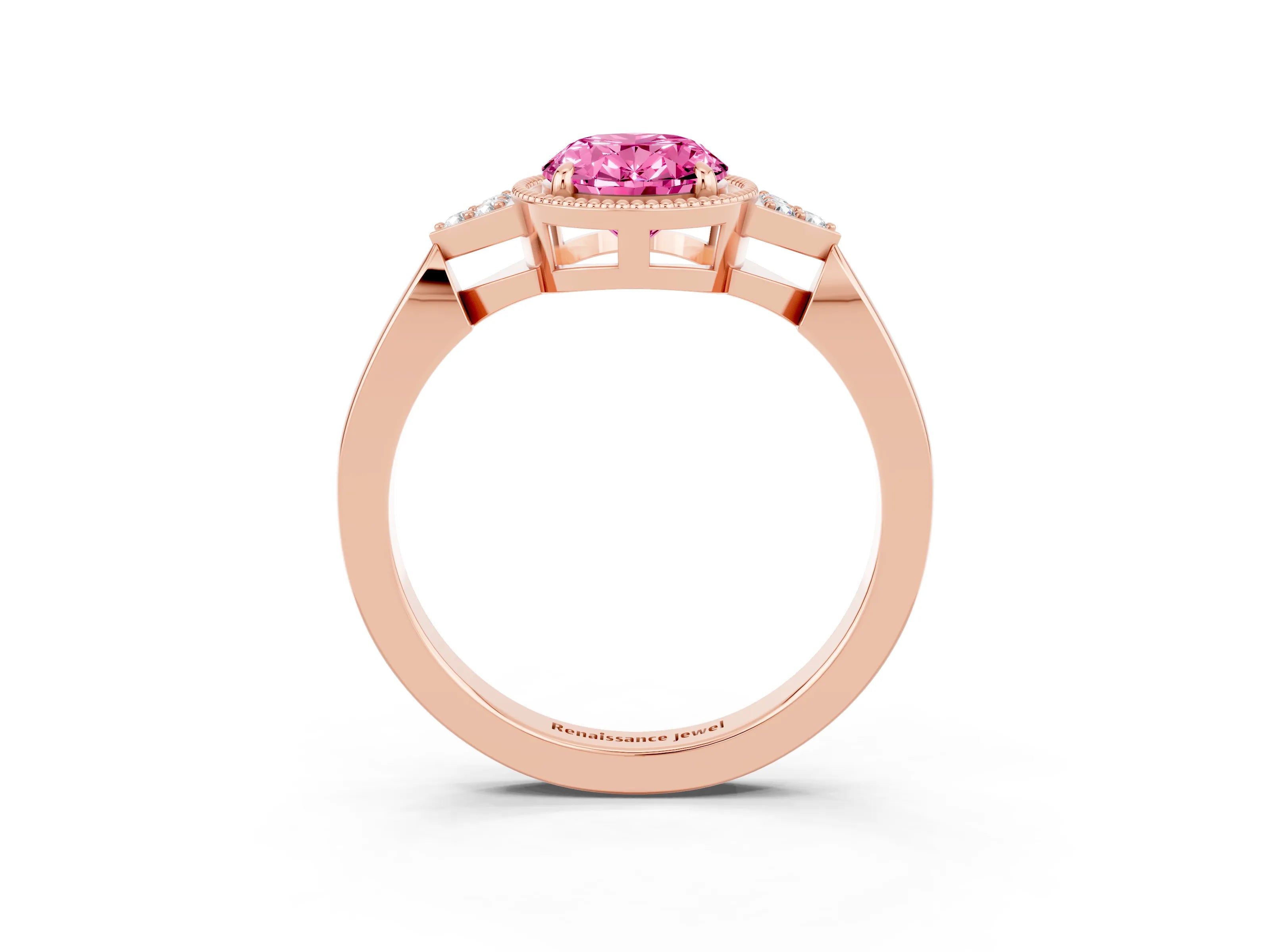 Rose gold Oval Cut Pink Sapphire Halo Ring with Tapered Band and Four-Prong Setting_3