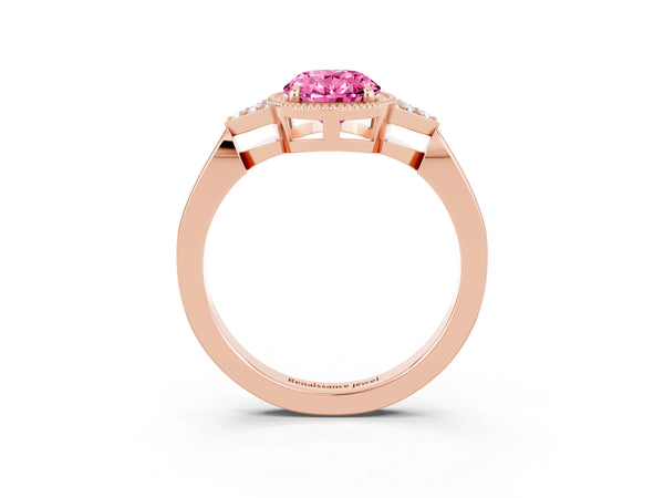 Rose gold Oval Cut Pink Sapphire Halo Ring with Tapered Band and Four-Prong Setting