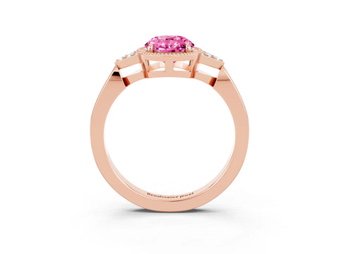 Rose gold Oval Cut Pink Sapphire Halo Ring with Tapered Band and Four-Prong Setting_3