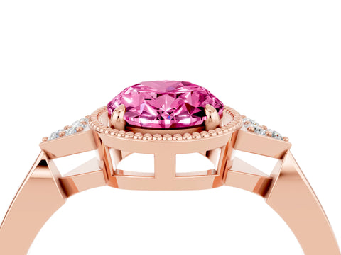 Rose gold Oval Cut Pink Sapphire Halo Ring with Tapered Band and Four-Prong Setting_4