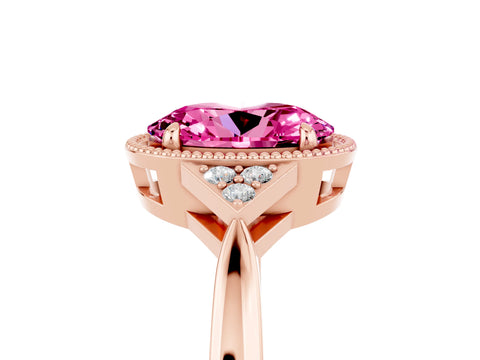 Rose gold Oval Cut Pink Sapphire Halo Ring with Tapered Band and Four-Prong Setting_5