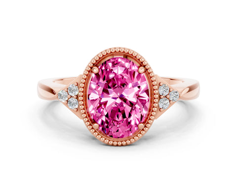 Rose gold Oval Cut Pink Sapphire Halo Ring with Tapered Band and Four-Prong Setting