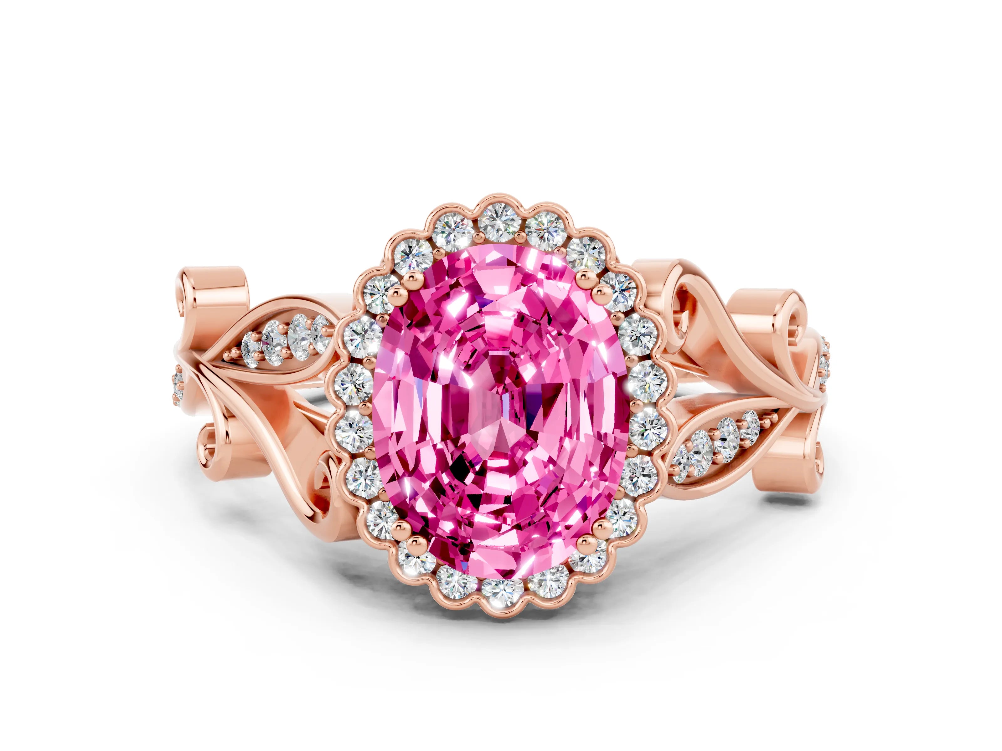 Rose gold Oval Cut Pink Sapphire Halo Ring with Vintage Split Shank and Four-Prong Setting