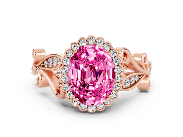 Rose gold Oval Cut Pink Sapphire Halo Ring with Vintage Split Shank and Four-Prong Setting
