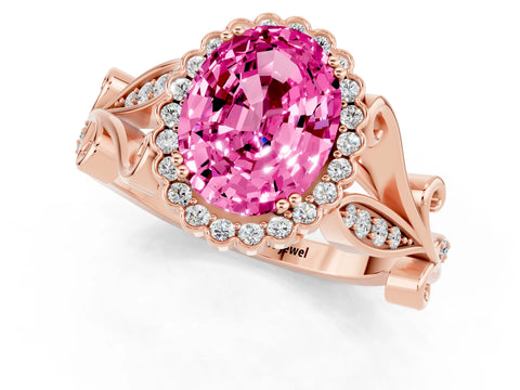 Rose gold Oval Cut Pink Sapphire Halo Ring with Vintage Split Shank and Four-Prong Setting_1