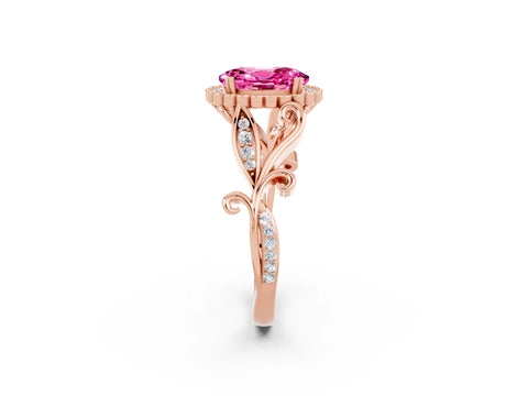 Rose gold Oval Cut Pink Sapphire Halo Ring with Vintage Split Shank and Four-Prong Setting_2
