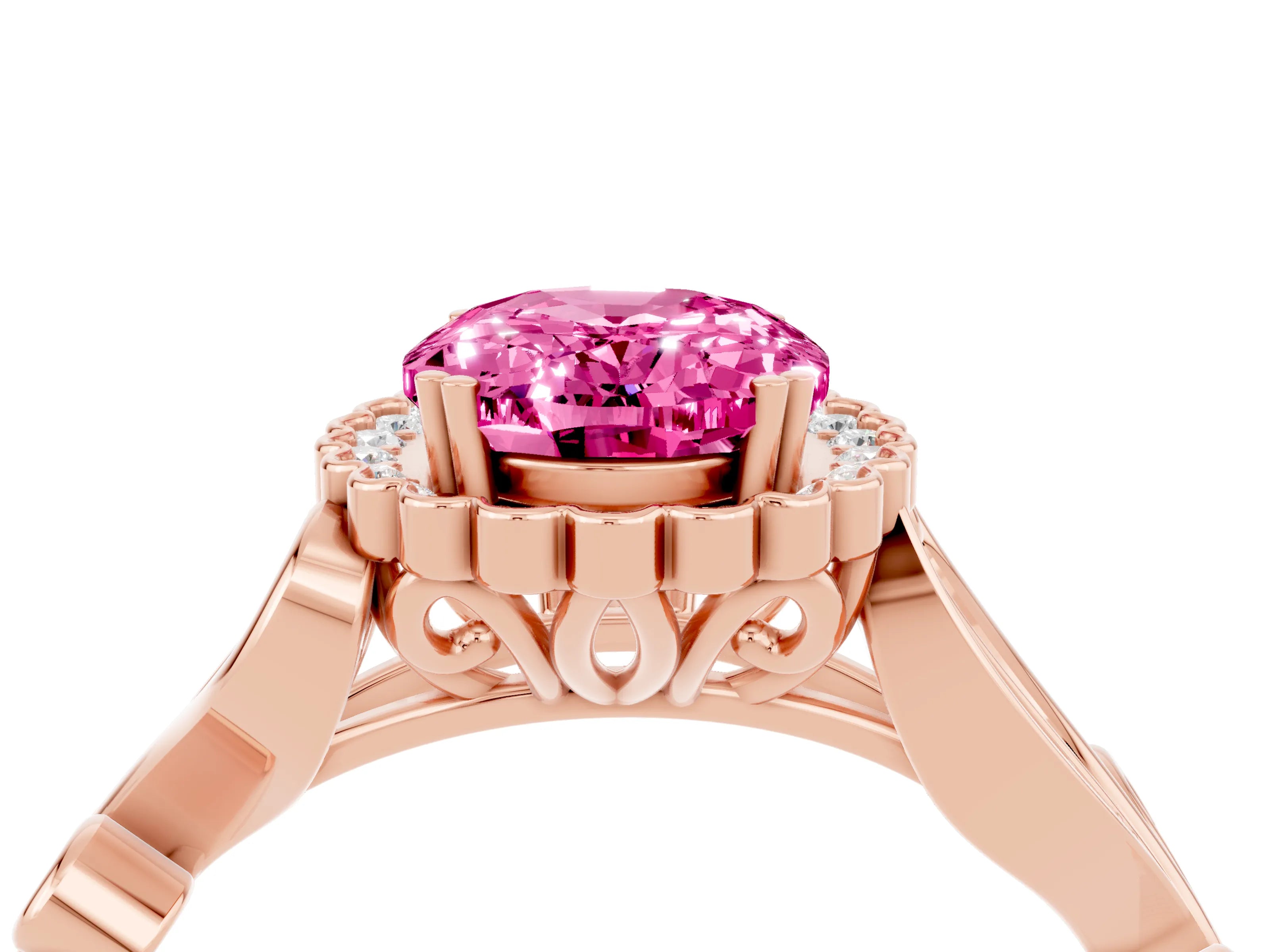 Rose gold Oval Cut Pink Sapphire Halo Ring with Vintage Split Shank and Four-Prong Setting_4