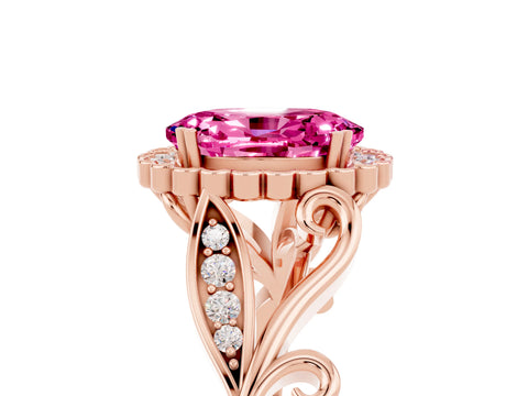 Rose gold Oval Cut Pink Sapphire Halo Ring with Vintage Split Shank and Four-Prong Setting_5