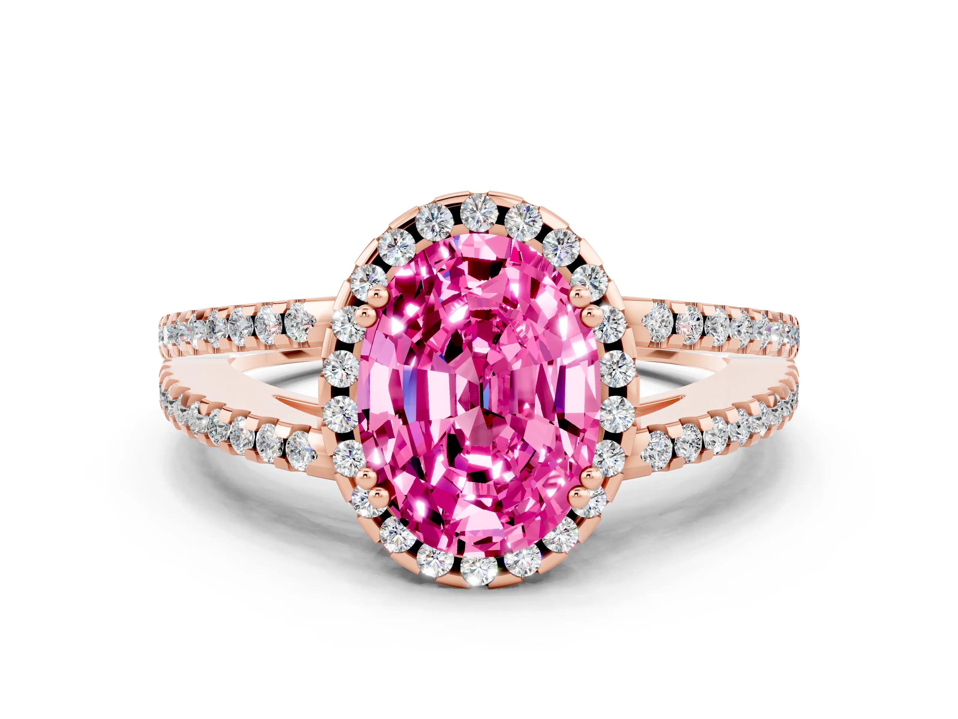 Rose gold Oval Cut Pink Sapphire Halo Split Shank Engagement Ring_12