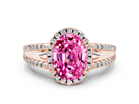 Rose gold Oval Cut Pink Sapphire Halo Split Shank Engagement Ring_12