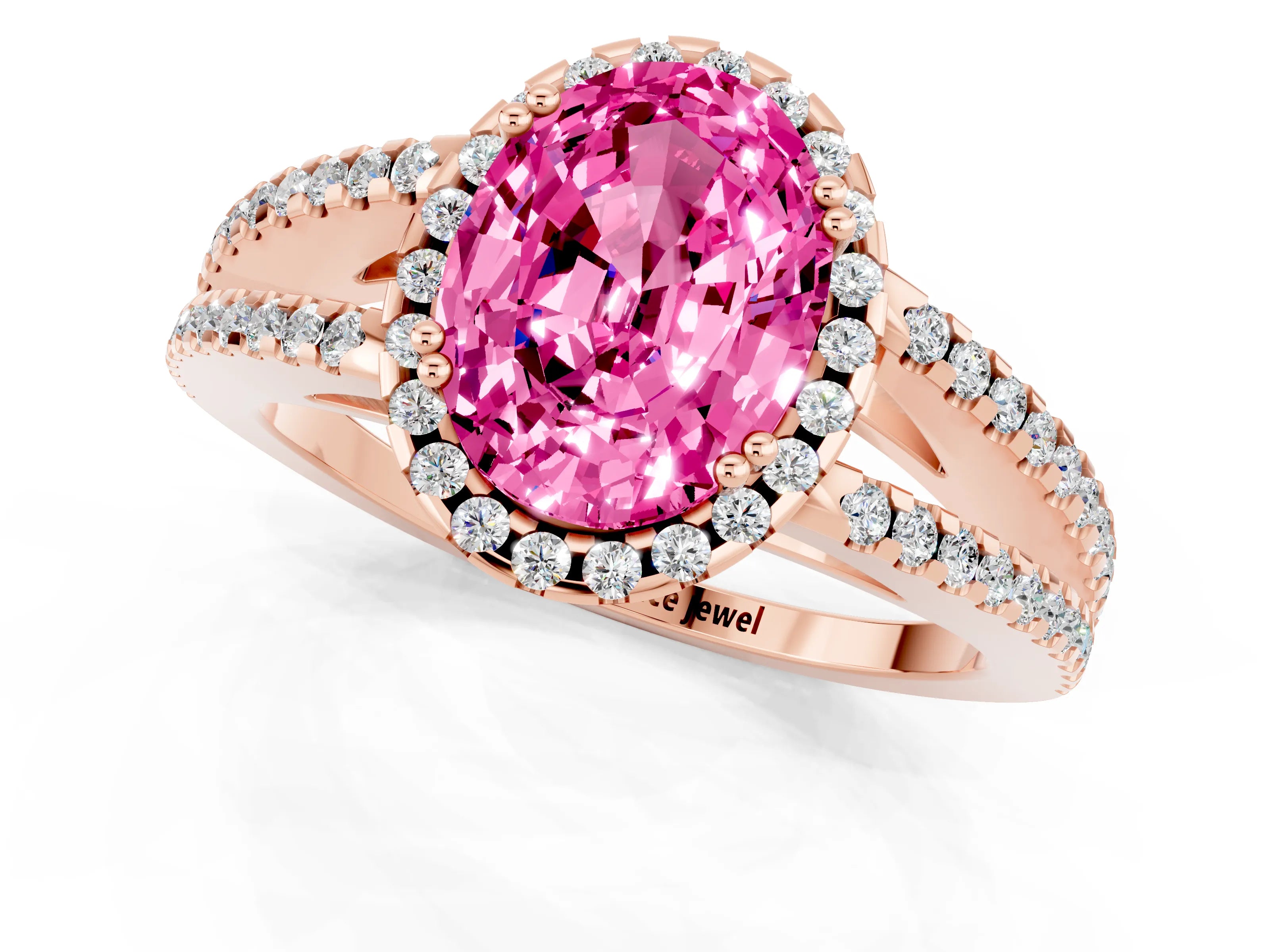 Rose gold Oval Cut Pink Sapphire Halo Split Shank Engagement Ring_13