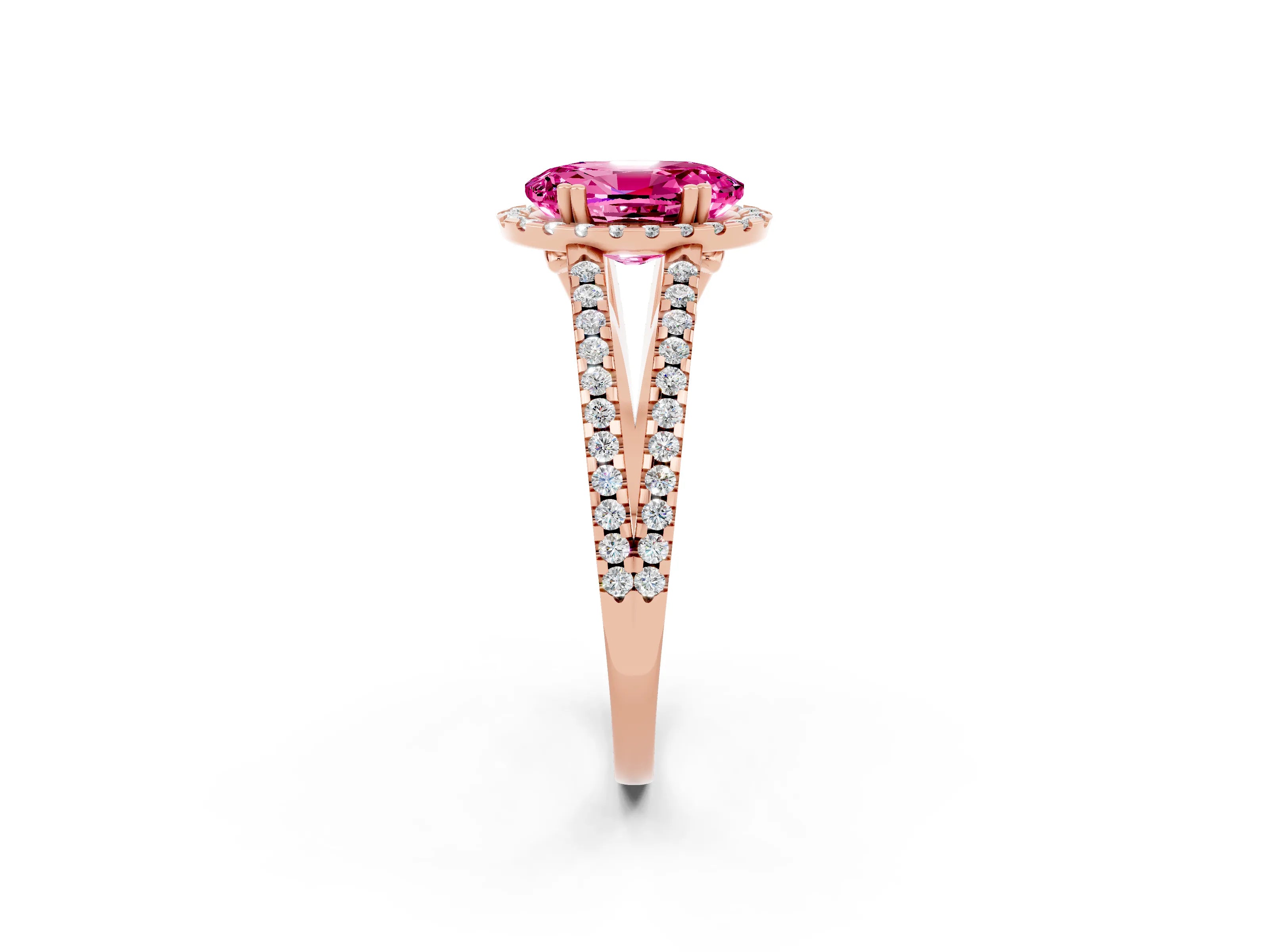 Rose gold Oval Cut Pink Sapphire Halo Split Shank Engagement Ring_14