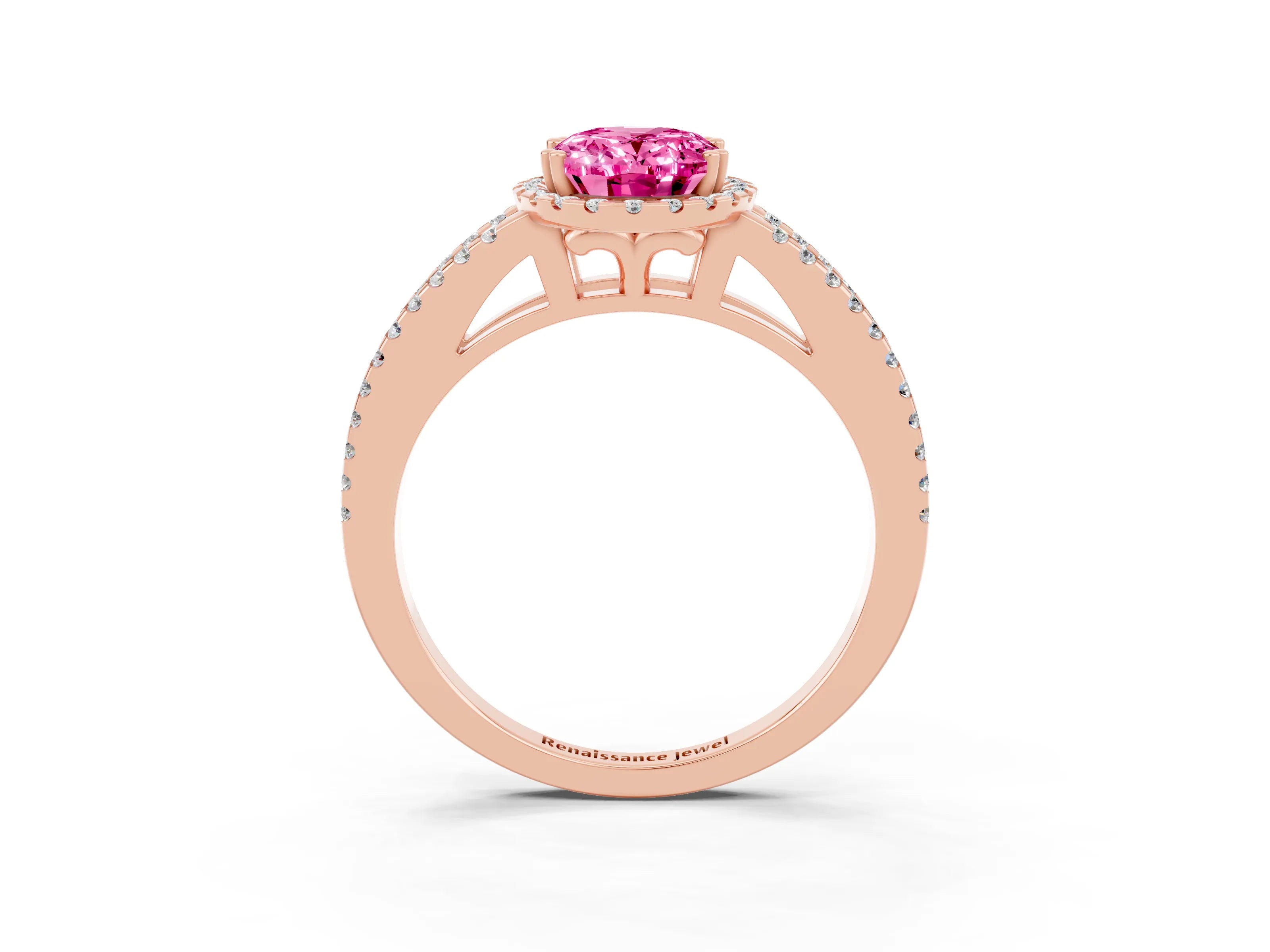 Rose gold Oval Cut Pink Sapphire Halo Split Shank Engagement Ring_15