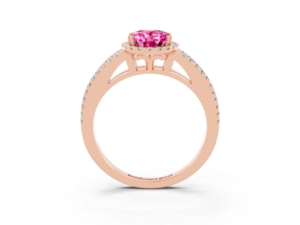Rose gold Oval Cut Pink Sapphire Halo Split Shank Engagement Ring