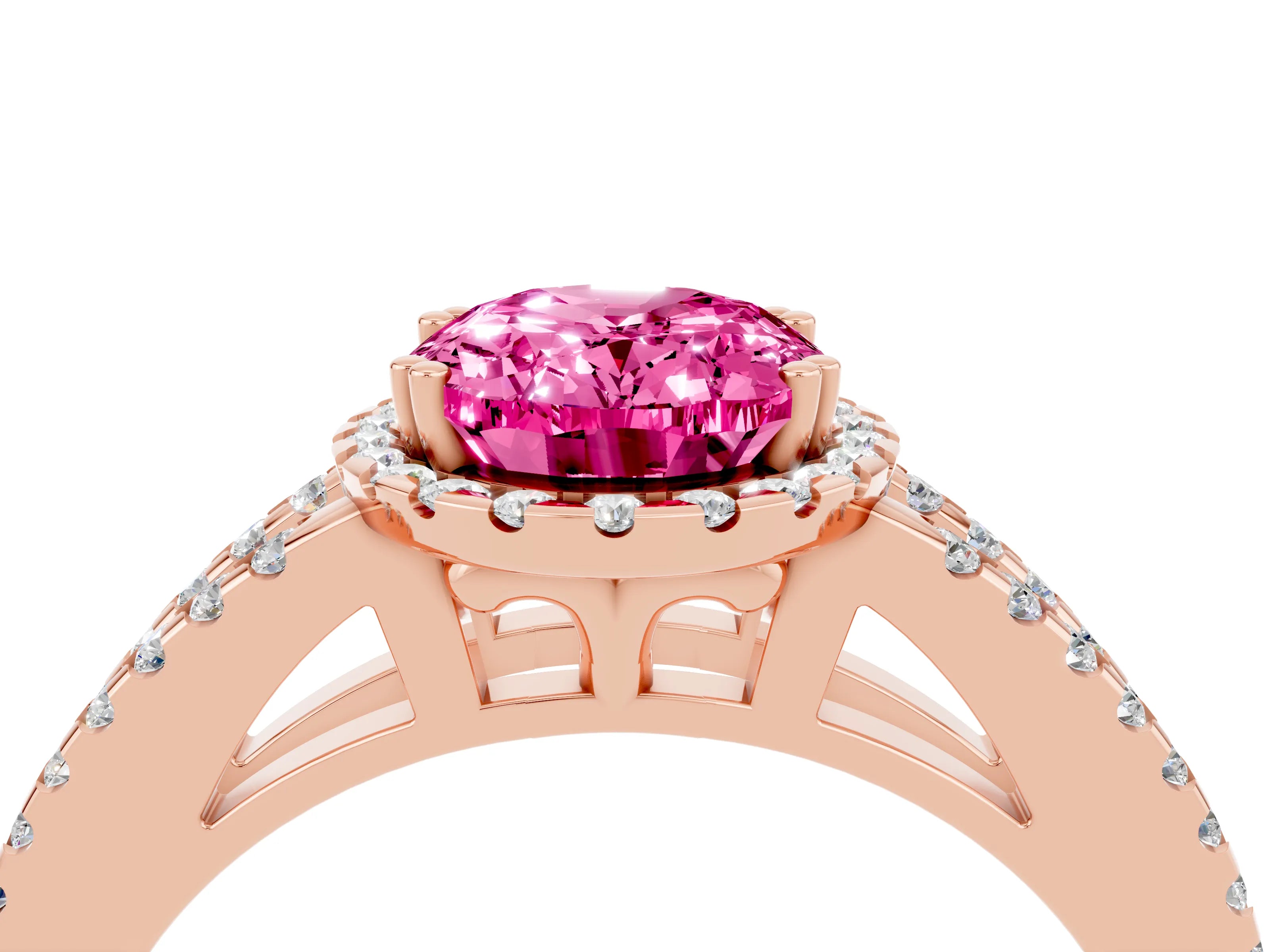 Rose gold Oval Cut Pink Sapphire Halo Split Shank Engagement Ring_16