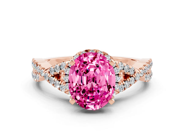 Rose gold Oval Cut Pink Sapphire  Halo Twist Band Solitaire Prong Setting Ring