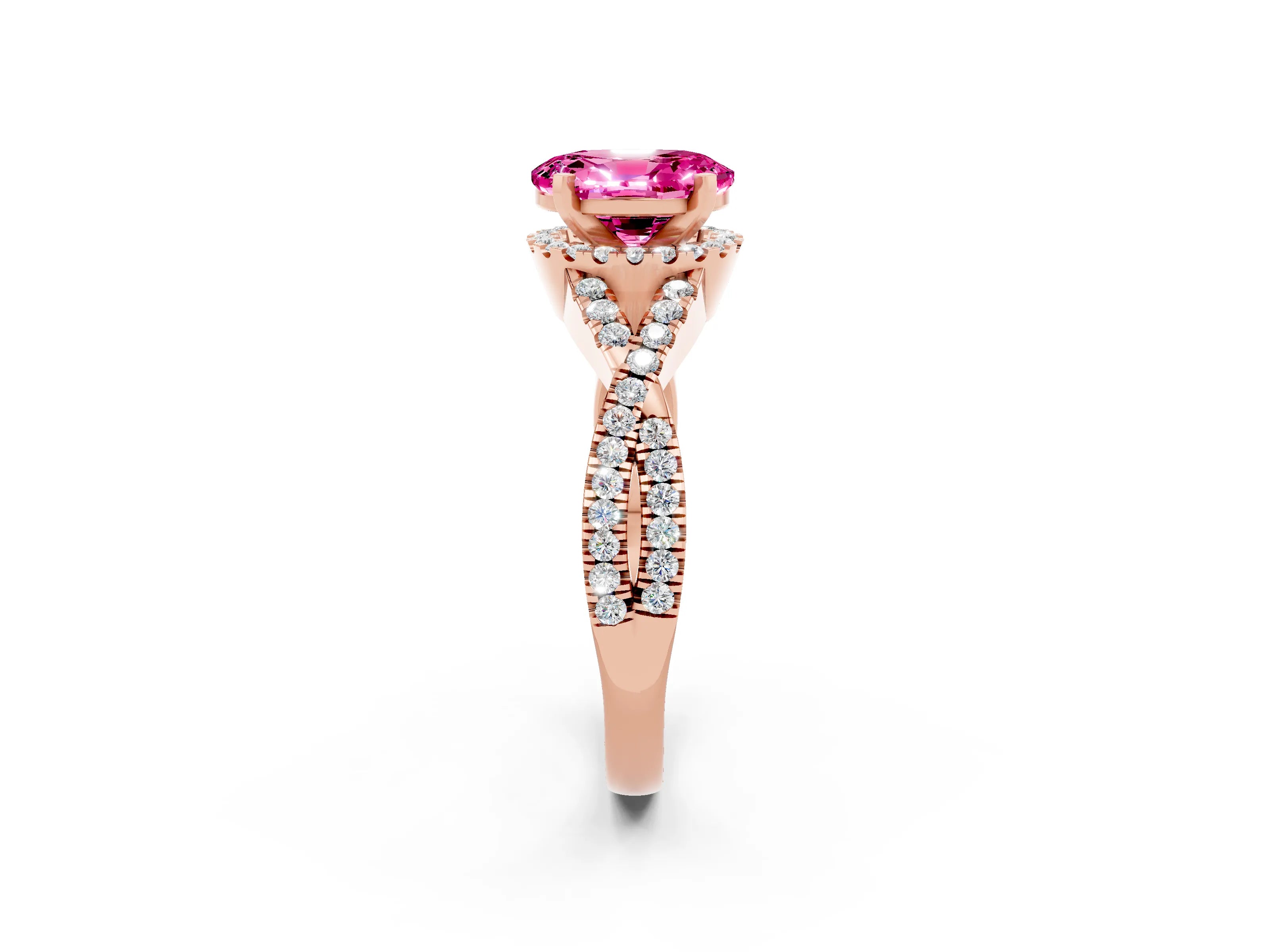 Rose gold Oval Cut Pink Sapphire Halo Twist Band Solitaire Prong Setting Ring_26
