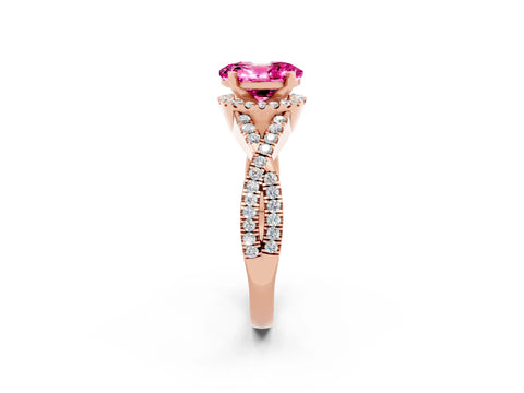 Rose gold Oval Cut Pink Sapphire Halo Twist Band Solitaire Prong Setting Ring_26