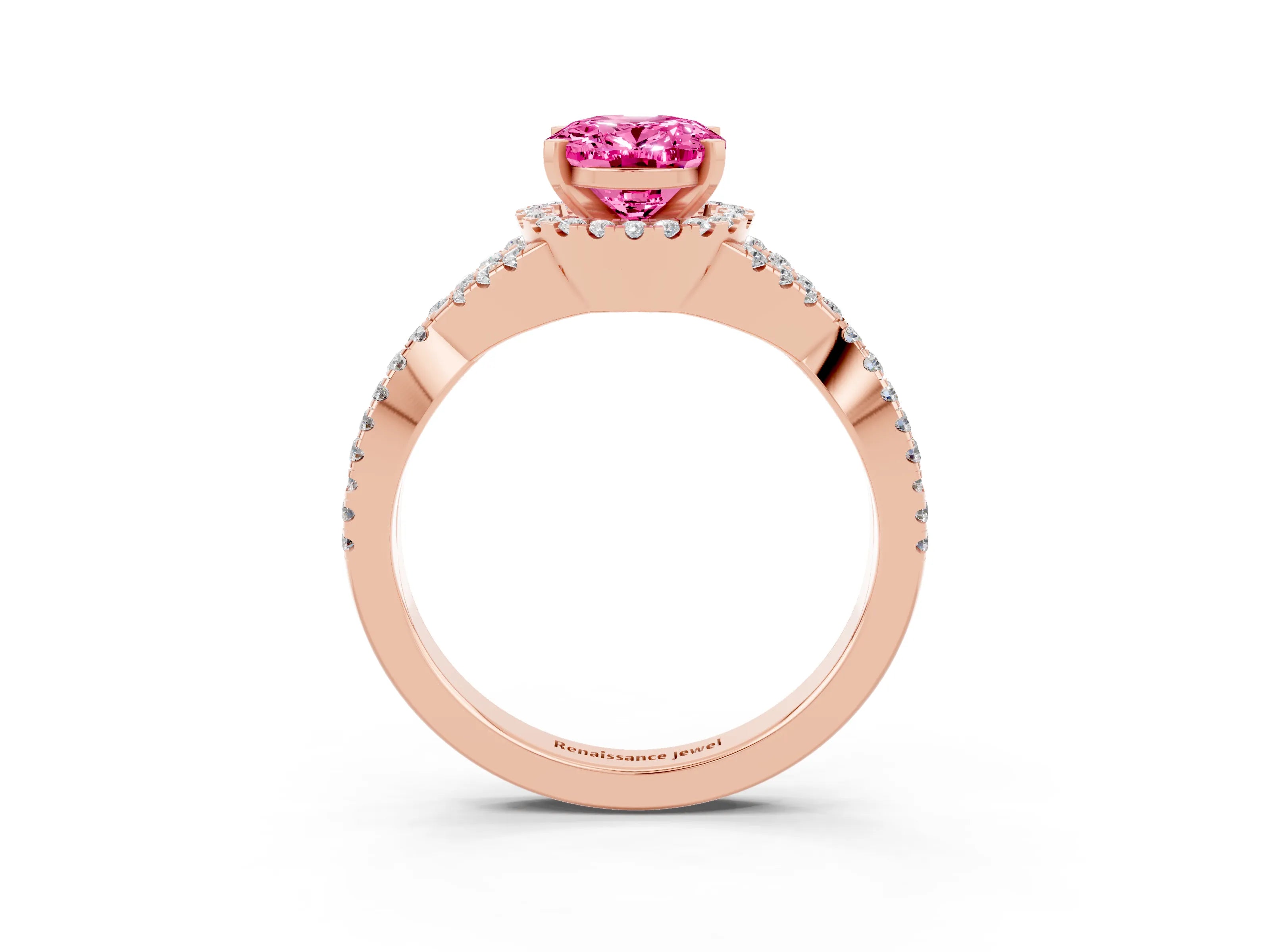 Rose gold Oval Cut Pink Sapphire Halo Twist Band Solitaire Prong Setting Ring_27
