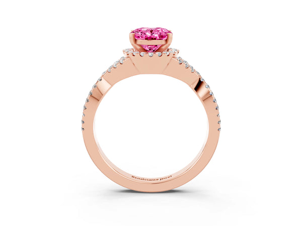 Rose gold Oval Cut Pink Sapphire  Halo Twist Band Solitaire Prong Setting Ring