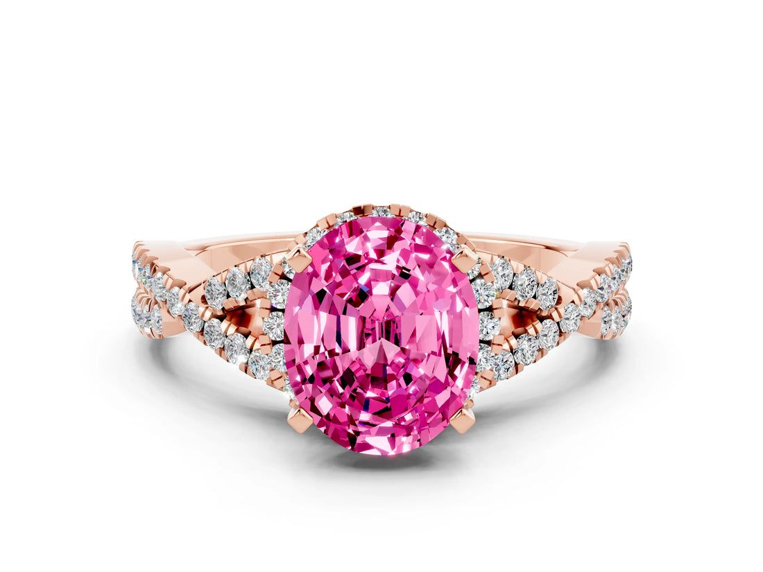 Rose gold Oval Cut Pink Sapphire  Halo Twist Band Solitaire Prong Setting Ring_36
