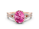 Rose gold Oval Cut Pink Sapphire  Halo Twist Band Solitaire Prong Setting Ring_36