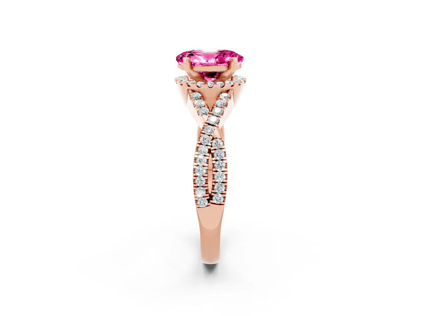 Rose gold Oval Cut Pink Sapphire  Halo Twist Band Solitaire Prong Setting Ring