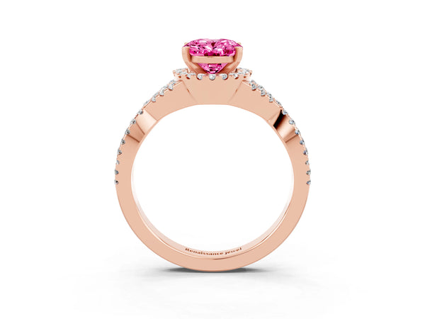Rose gold Oval Cut Pink Sapphire  Halo Twist Band Solitaire Prong Setting Ring