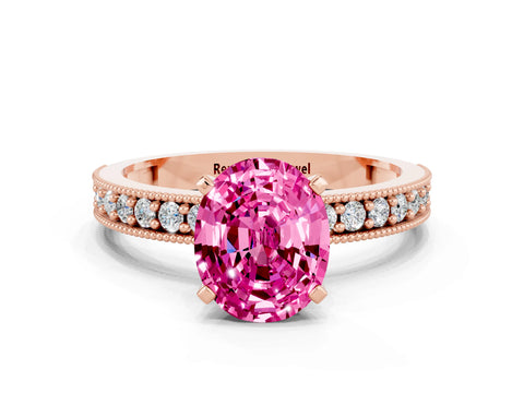 Rose gold Oval Cut Pink Sapphire Milgrain Pavé Engagement Ring with Four-Prong Setting_48