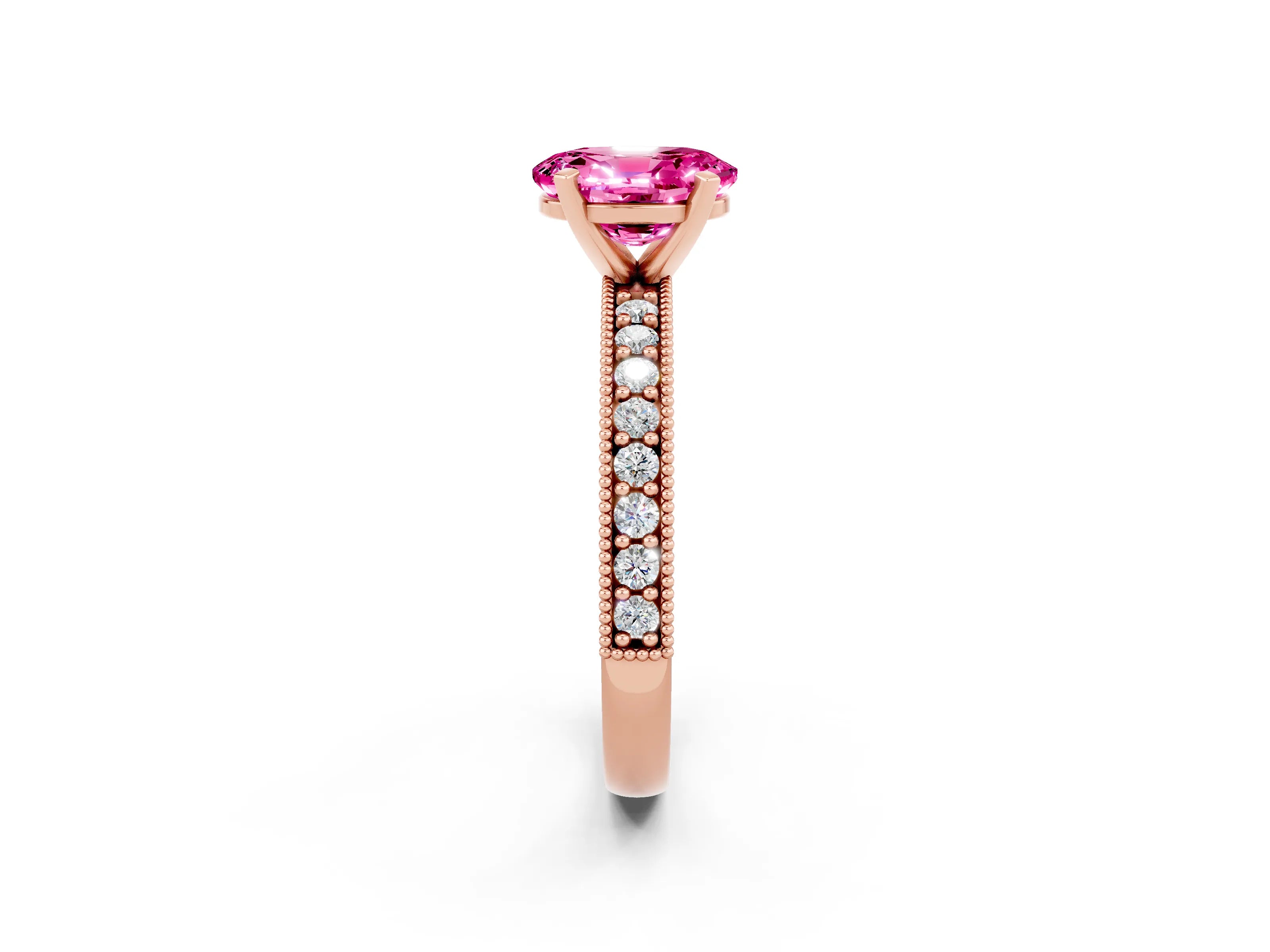 Rose gold Oval Cut Pink Sapphire Milgrain Pavé Engagement Ring with Four-Prong Setting_50