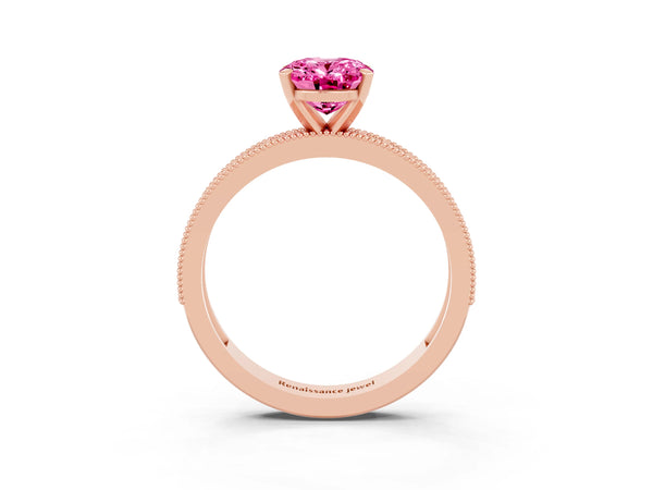 Rose gold Oval Cut Pink Sapphire Milgrain Pavé Engagement Ring with Four-Prong Setting