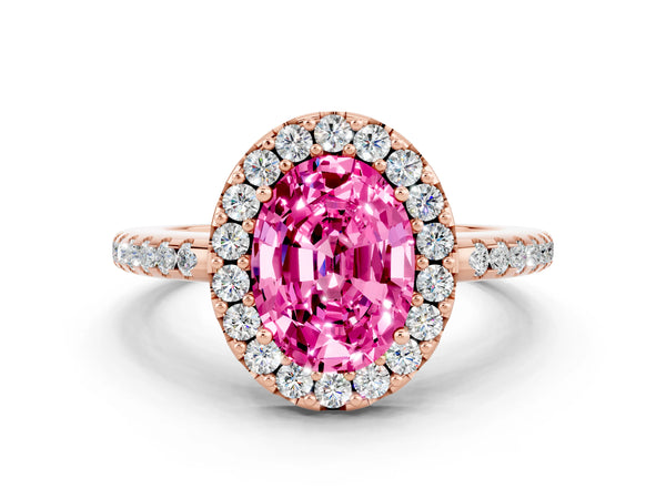 Rose gold Oval Cut Pink Sapphire Pavé Halo Ring with Four-Prong Setting