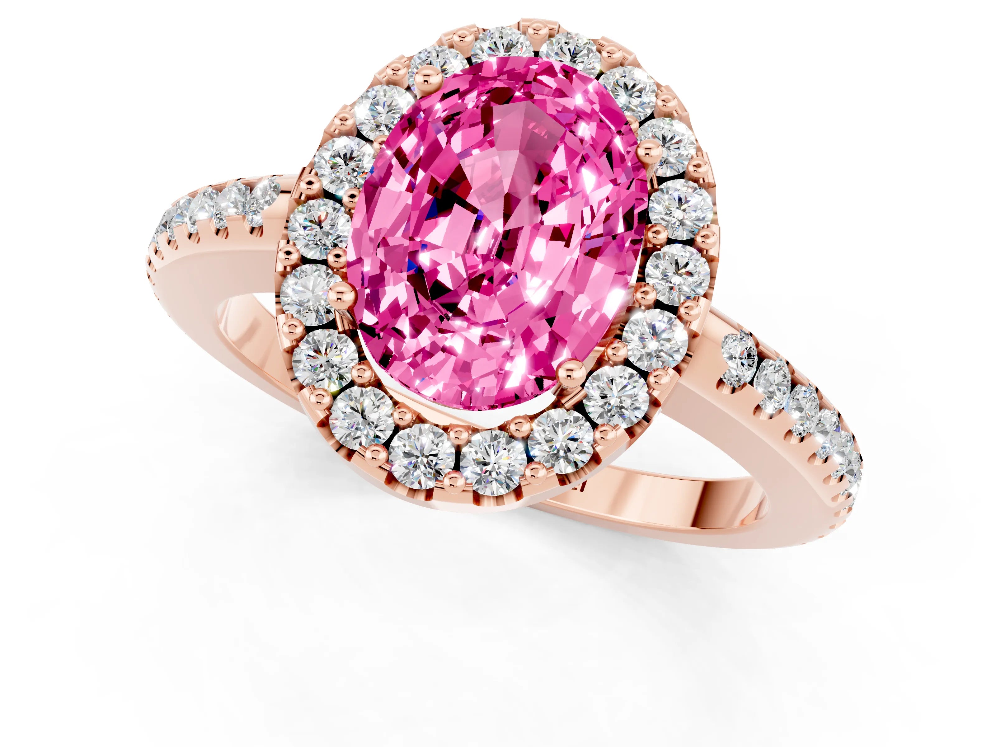 Rose gold Oval Cut Pink Sapphire Pavé Halo Ring with Four-Prong Setting_13