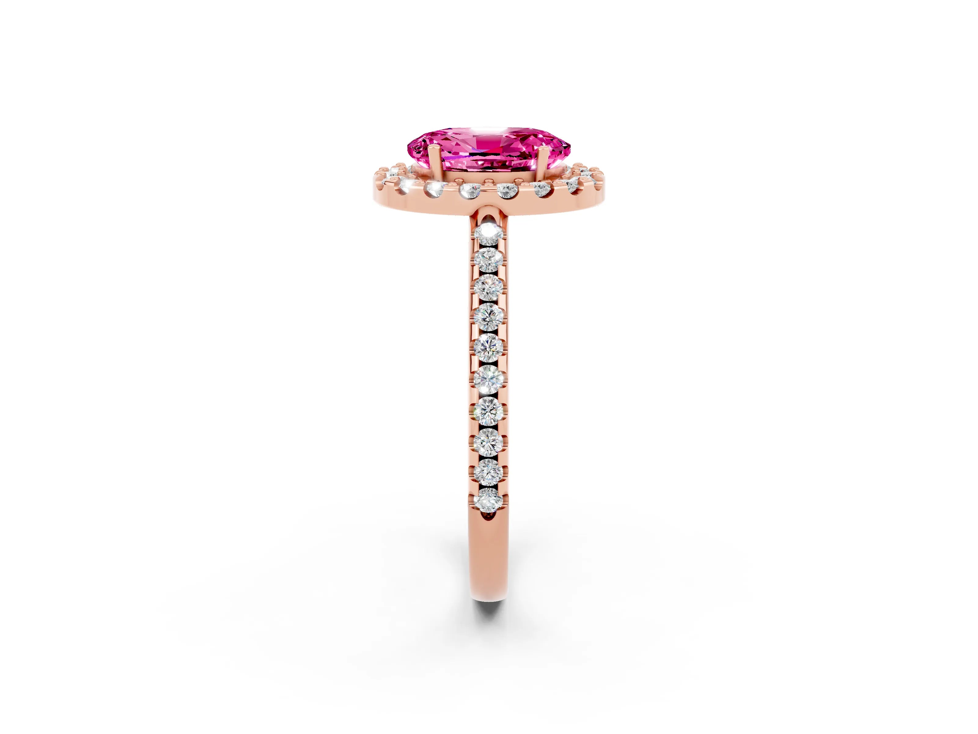Rose gold Oval Cut Pink Sapphire Pavé Halo Ring with Four-Prong Setting_14