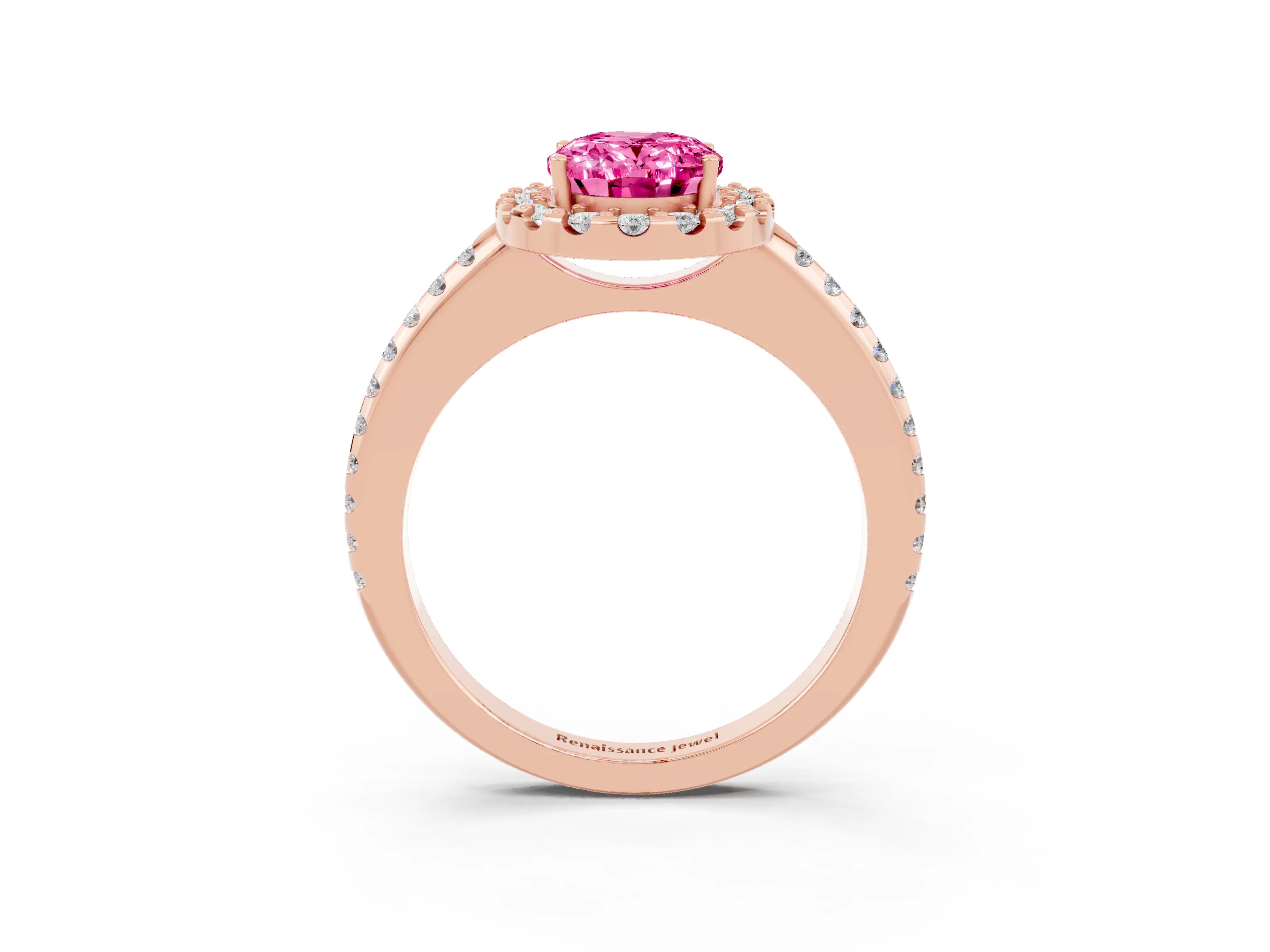 Rose gold Oval Cut Pink Sapphire Pavé Halo Ring with Four-Prong Setting_15
