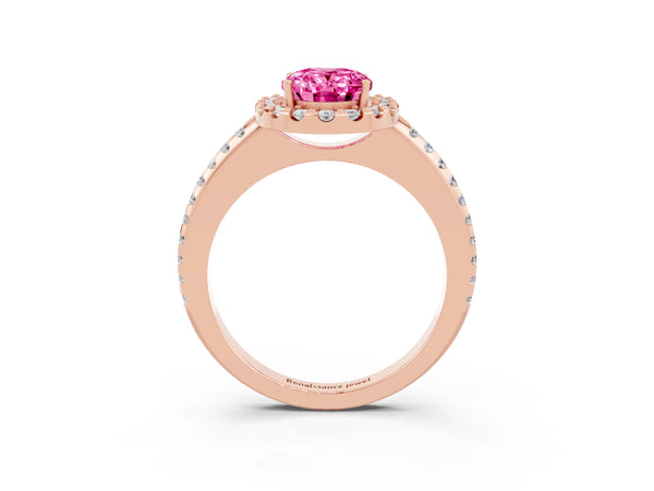 Rose gold Oval Cut Pink Sapphire Pavé Halo Ring with Four-Prong Setting