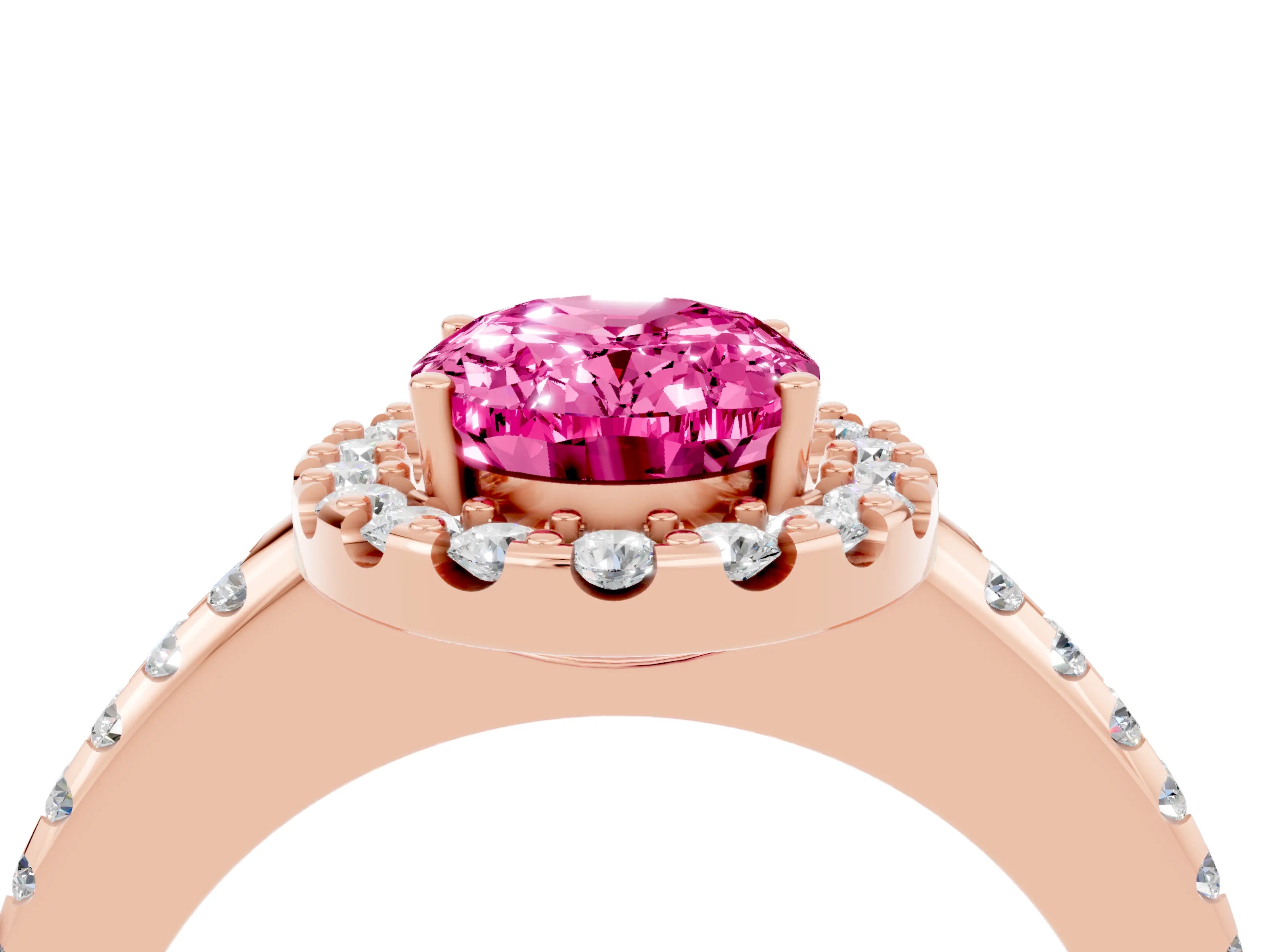 Rose gold Oval Cut Pink Sapphire Pavé Halo Ring with Four-Prong Setting_16
