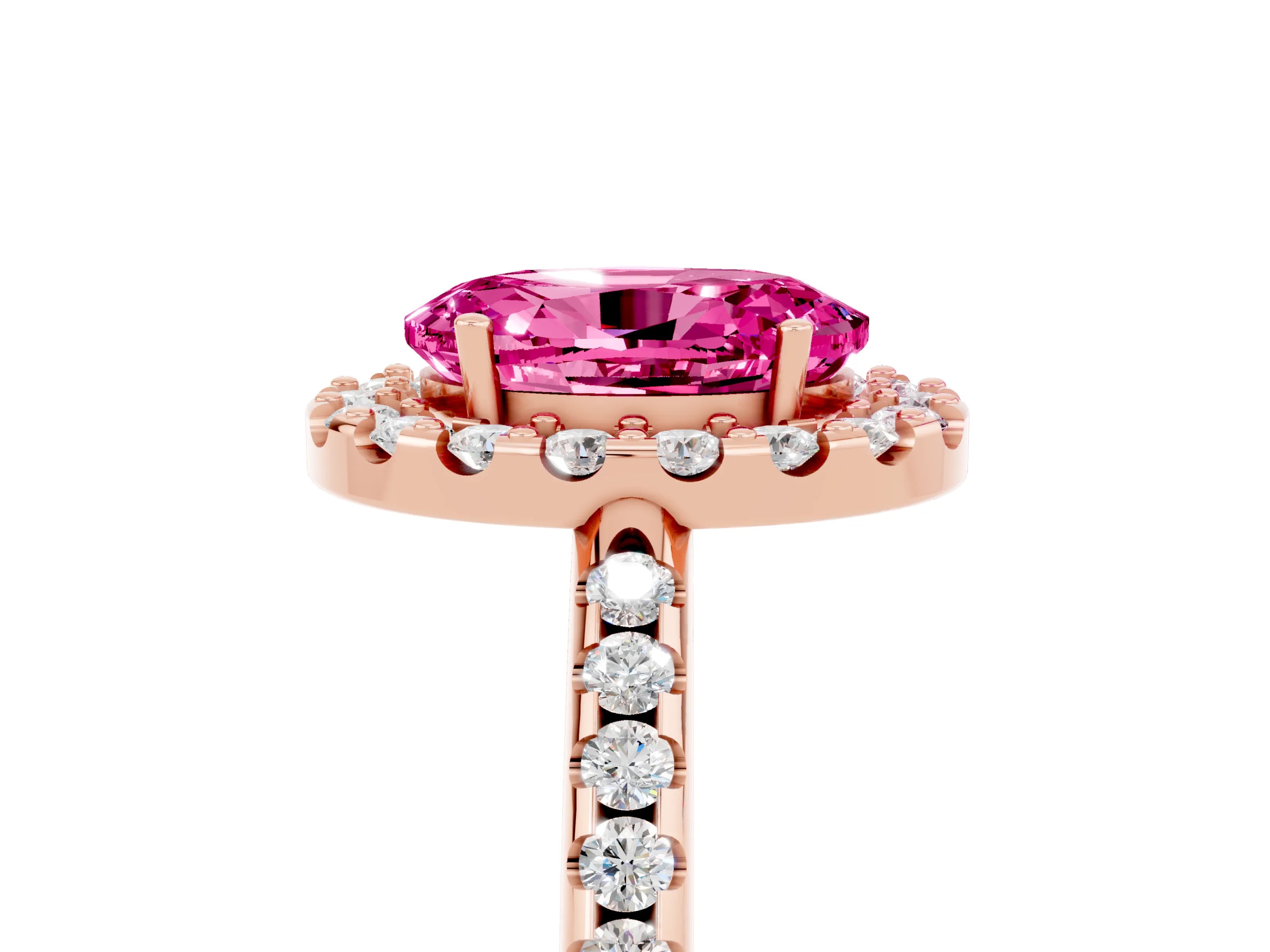 Rose gold Oval Cut Pink Sapphire Pavé Halo Ring with Four-Prong Setting_17