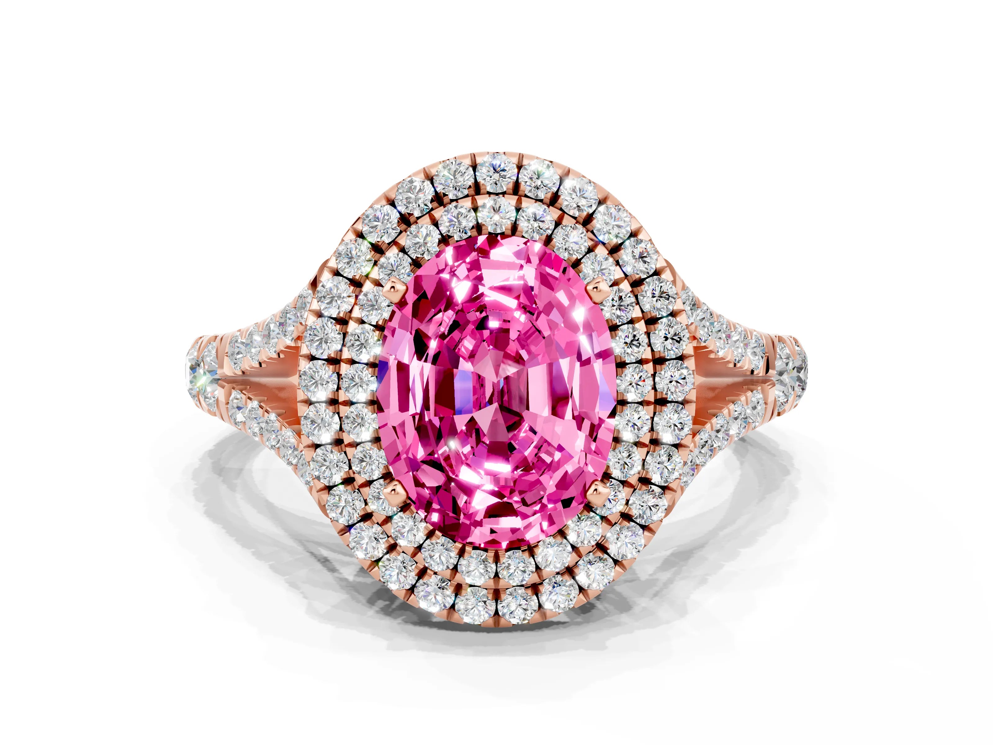 Rose gold Oval Cut Pink Sapphire Pavé Split Shank Double Halo Engagement Ring