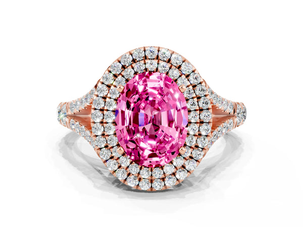 Rose gold Oval Cut Pink Sapphire Pavé Split Shank Double Halo Engagement Ring