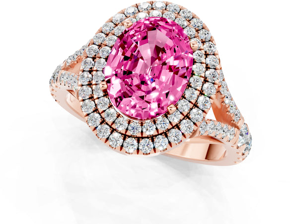 Rose gold Oval Cut Pink Sapphire Pavé Split Shank Double Halo Engagement Ring