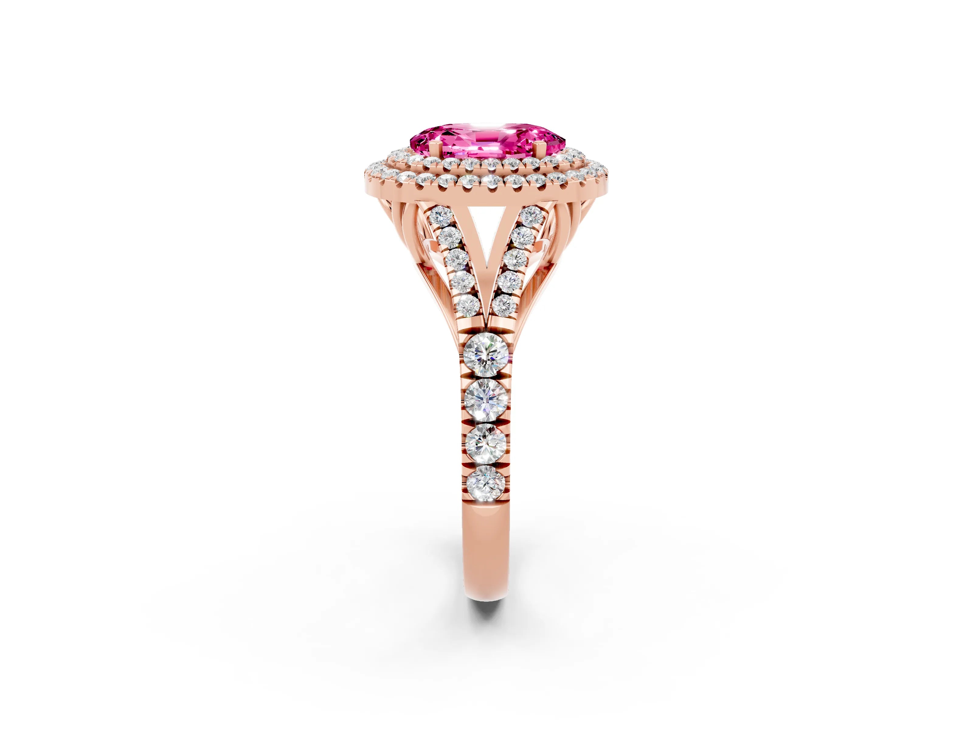 Rose gold Oval Cut Pink Sapphire Pavé Split Shank Double Halo Engagement Ring_2