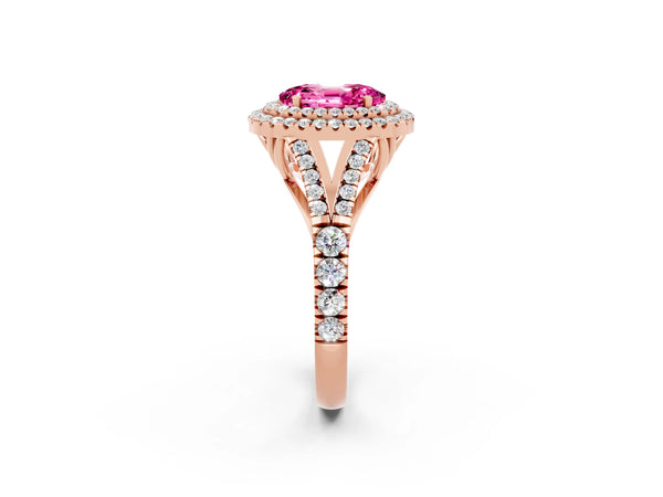 Rose gold Oval Cut Pink Sapphire Pavé Split Shank Double Halo Engagement Ring