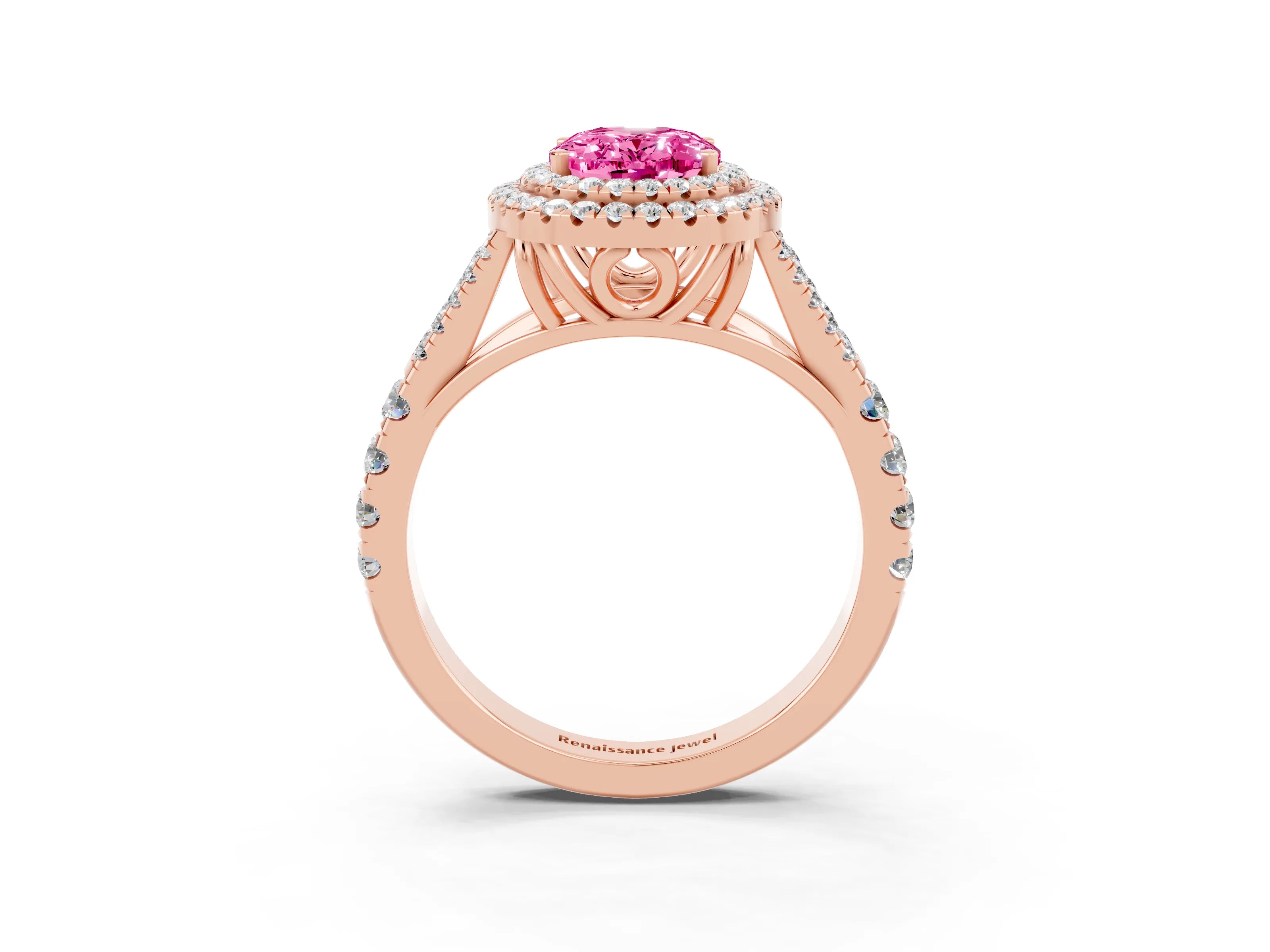 Rose gold Oval Cut Pink Sapphire Pavé Split Shank Double Halo Engagement Ring_3