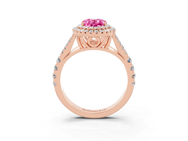 Rose gold Oval Cut Pink Sapphire Pavé Split Shank Double Halo Engagement Ring