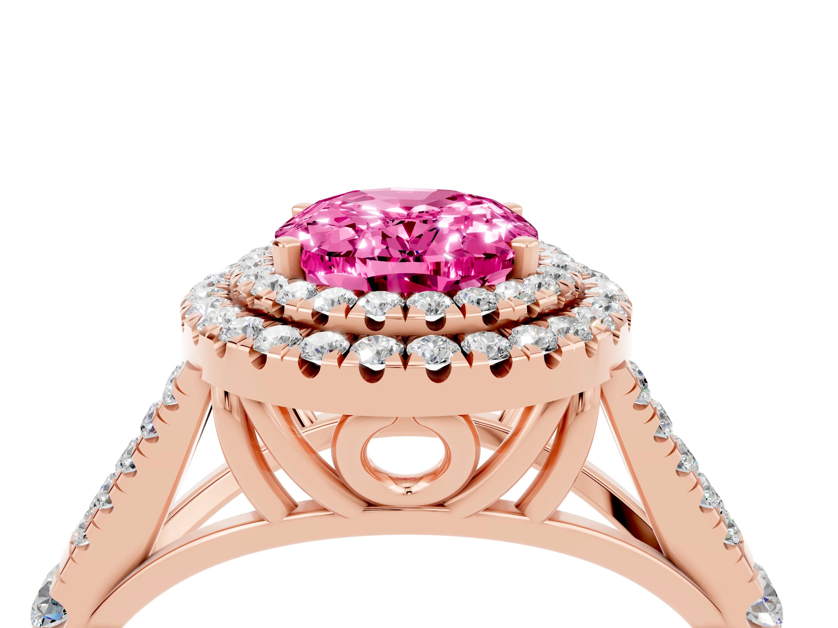 Rose gold Oval Cut Pink Sapphire Pavé Split Shank Double Halo Engagement Ring_4