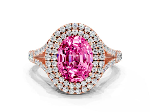 Rose gold Oval Cut Pink Sapphire Pavé Split Shank Double Halo Engagement Ring